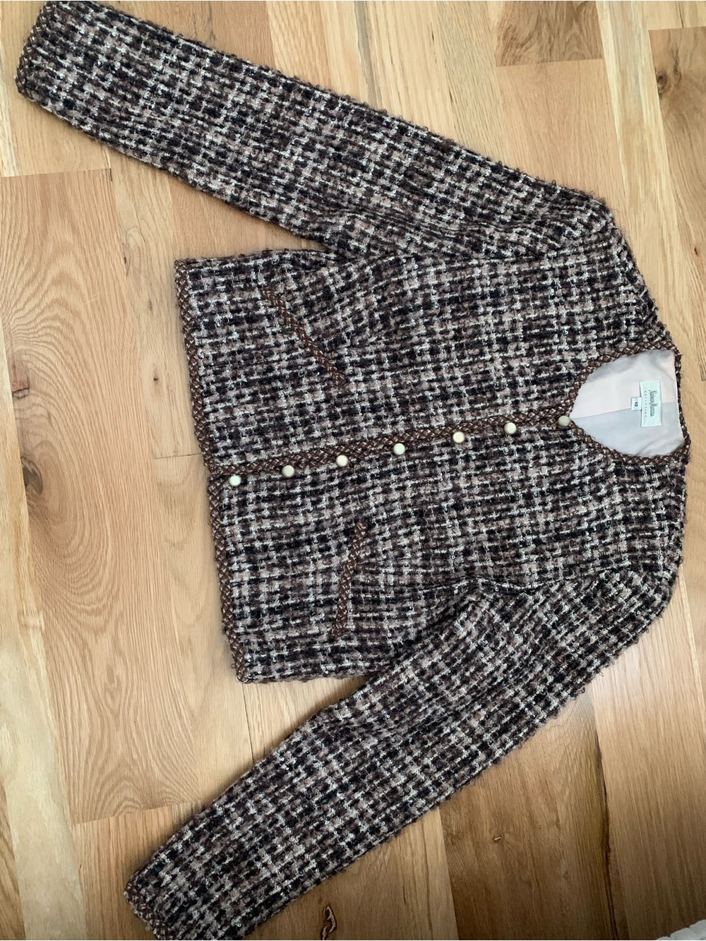 Neiman Marcus Brown & Cream Tweed Pearl-Button Jacket